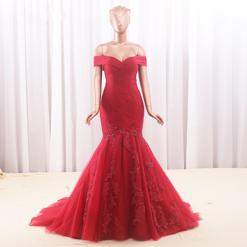 Off Shoulder Mermaid Red Tulle Prom Dress, Lace Appliques Women Evening Dress 2019