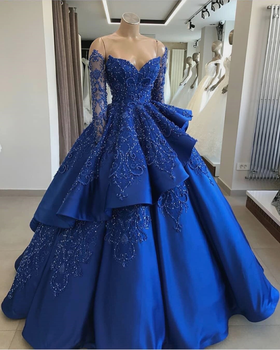 Ball Gown Royal Blue Satin Prom Dress Embroidery Beaded Floor Length Women Evening Dress 2019 on Luulla