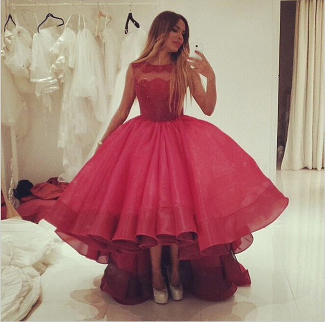 High Low Red Organza Red Wedding Dress Scoop Neck Lace Appliques Women Bridal Gowns