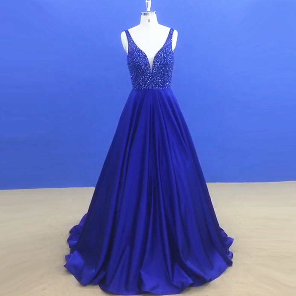 Deep V Neck A-line Royal Blue Satin Prom Dress Beaded Sleeveless Women Evening Dress 2019