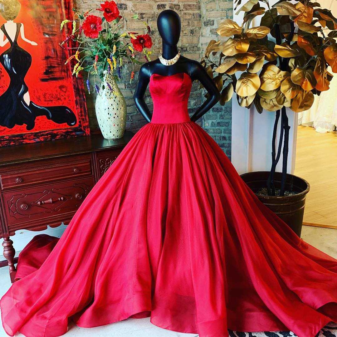 Strapless Ball Gown Long Red Satin Prom Dress Big Tail Women Evening Dress 2019