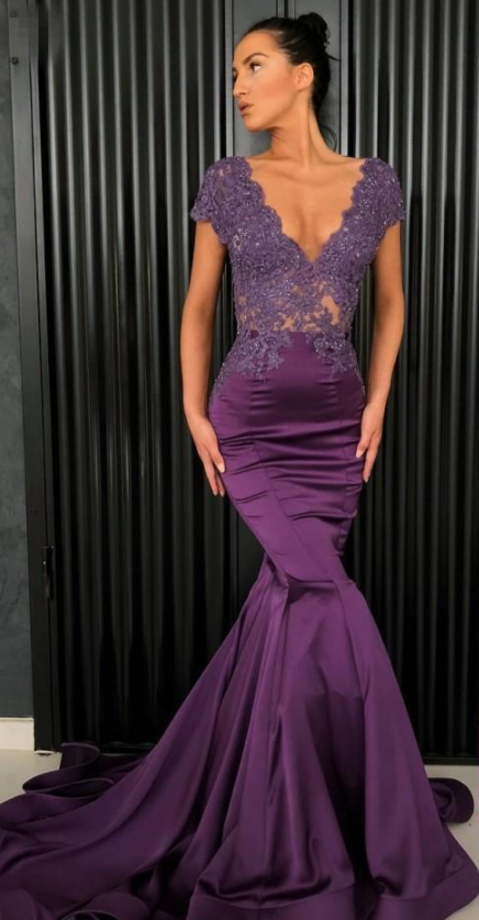 V Neck Mermaid Purple Satin Prom Dress Cap Sleeves Lace Appliques Women Evening Dress 2019