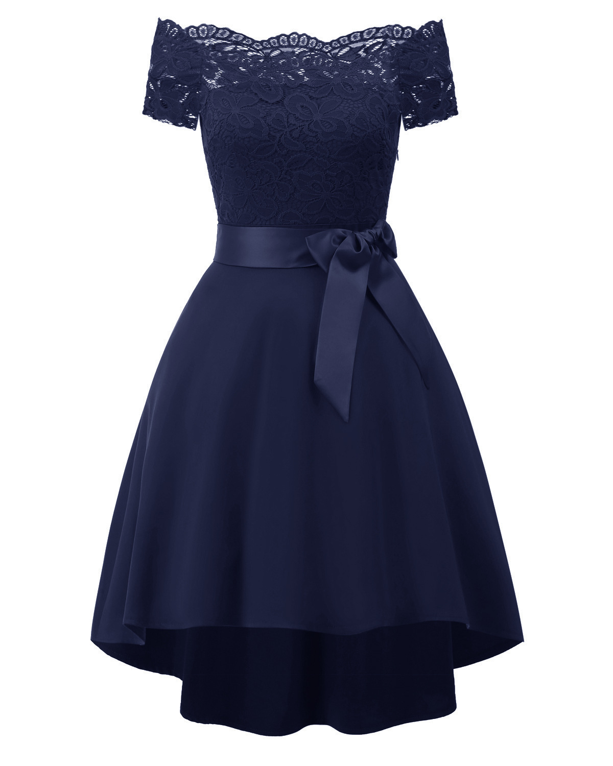 Off The Shoulder Short Navy Blue Satin Homecoming Dress Short Sleeves ...