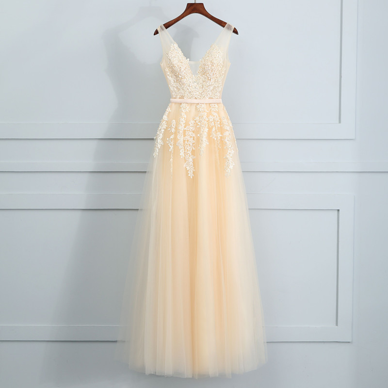 Tulle A-line V-neck Lace Flowers Long Prom Dresses, Evening Dress main image 1