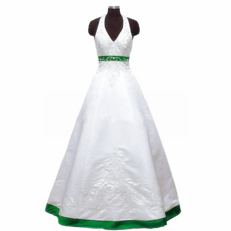 Halter Neck A-line Long White Satin Wedding Dress Embroidery Satin Bridal Gowns