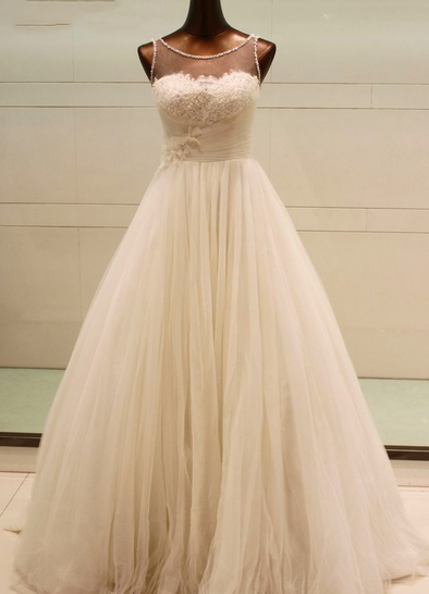 Scoop Neck A-line Tulle Wedding Dress Lace Appliques Floor Length Women Bridal Gowns