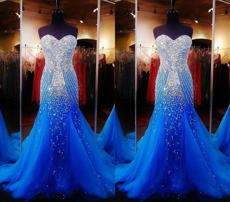 Strapless Mermaid Long Royal Blue Tulle Prom Dress Beaded Crysltas Evening Dress