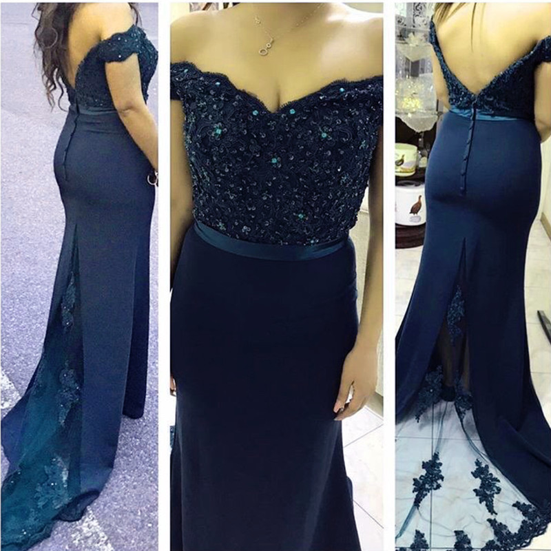 Sexy Mermaid Off The Shoulder Navy Blue Prom Dress Lace Appliques Women Evening Dress
