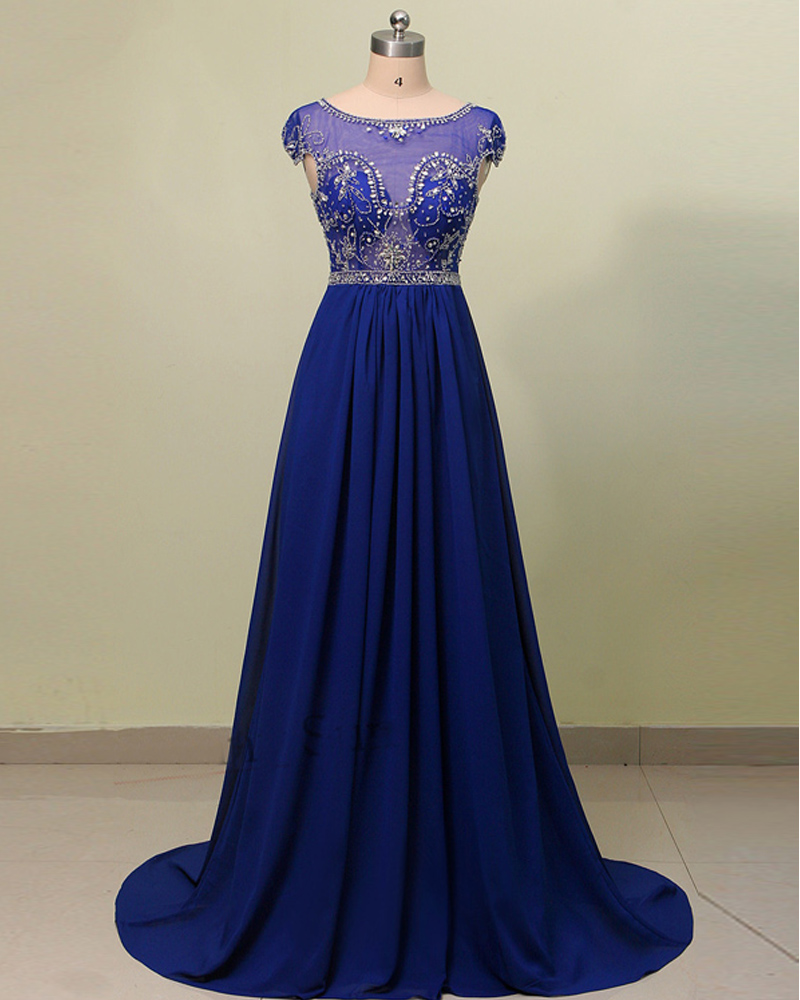 Cap Sleeve Long Chiffon Prom Dress Scoop Neck Beaded Royal Blue Evening Dress