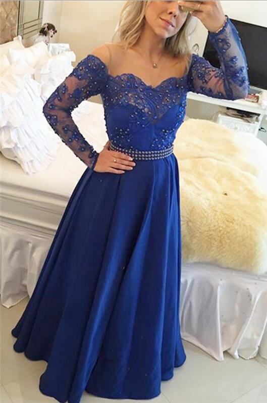 Long Sleeves A-line Royal Blue Satin Prom Dress Off The Shoulder Women Evening Dress