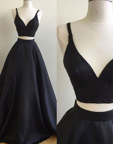 2 Pieces A-line Black Satin Prom Dress Spaghetti Straps Women Evening Dress 2019