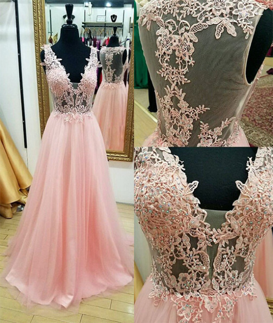 Deep V Neck A-line Pink Tulle Prom Dress Lace Appliques Women Evening Dresses 2019