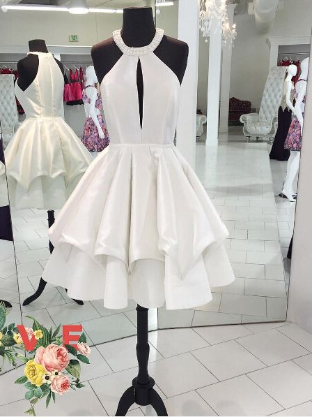 Halter Neck A-line White Satin Homecoming Dress Knee Length Women Party Dress