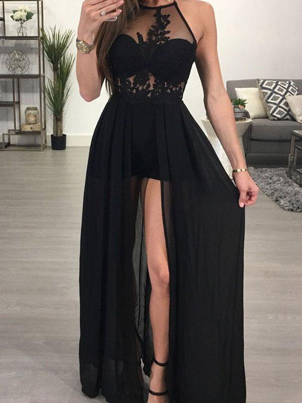 2 Pieces Long Tulle Prom Dress Halter Neck Women Evening Dress 2019