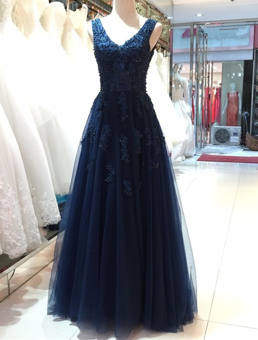 V Neck A-line Tulle Prom Dress Lace Appliques Women Evening Dress 2019