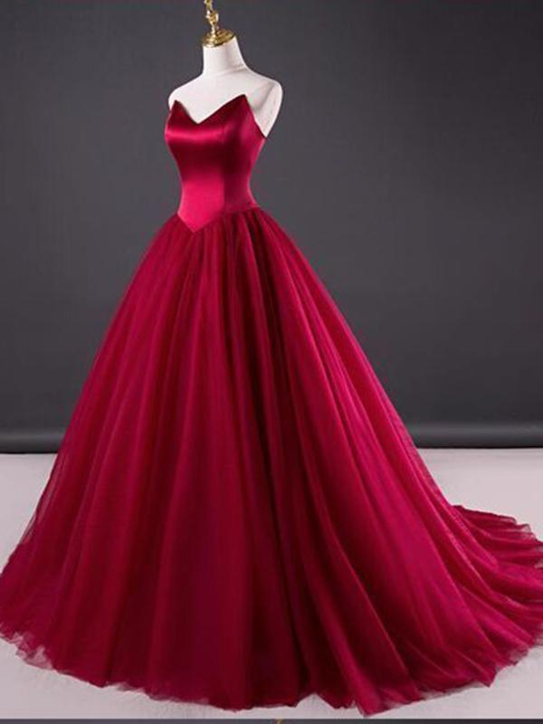 Strapless Ball Gown Long Red Tulle Prom Dress Sleeveless Women Evening Dress 2019
