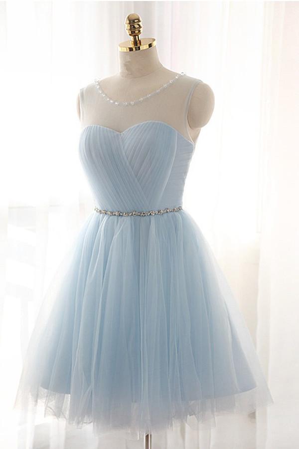 Scoop Neck Above Knee Mini Blue Tulle Homecoming Dress Sleeveless Party Dress 2019