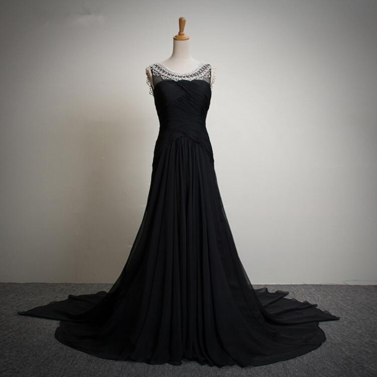 Scoop Neck Long Black Chiffon Prom Dress Beaded Floor Length Women Evening Dress 2019