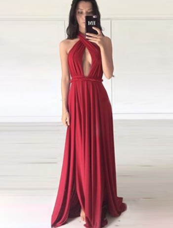 Halter Neck Long Chfifon Prom Dress Pleated Women Evening Dress 2019