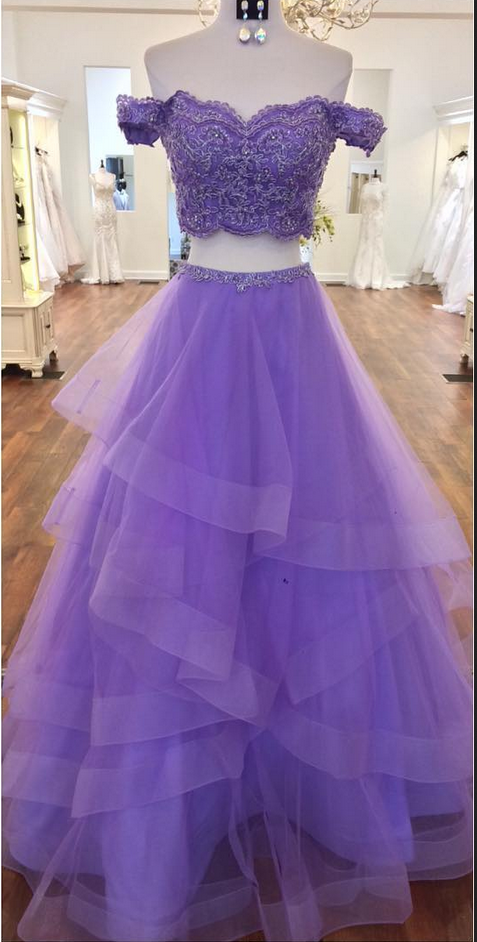 Off The Shoulder A-line Purple Tulle Prom Dress Lace Appliques Women Evening Dress