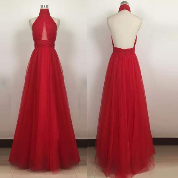 Sexy Open Back Long Red Tulle Prom Dress Halter Neck Women Pleated Evening Dress