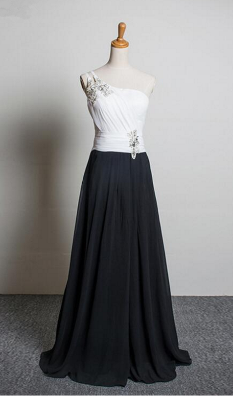 One Shoulder Long Black Chiffon Prom Dress Lace Appliques Women Evening Dress