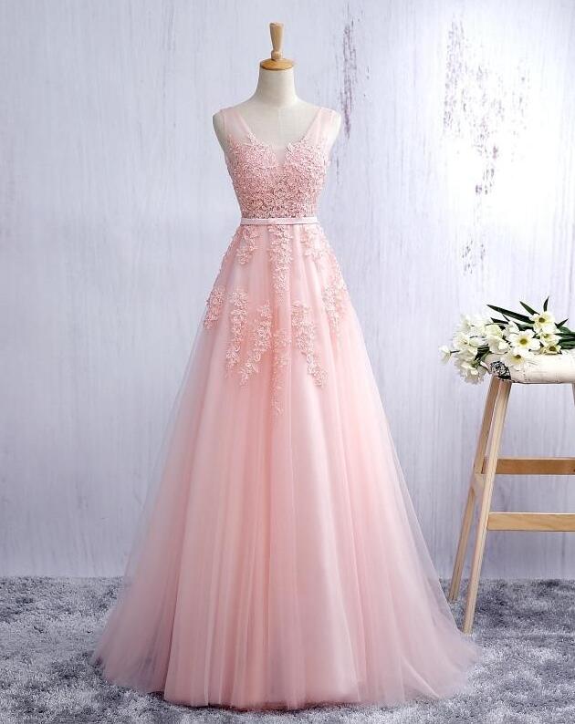 Scoop Neck Long Tulle Prom Dress Lace Appliques Women Evening Dress