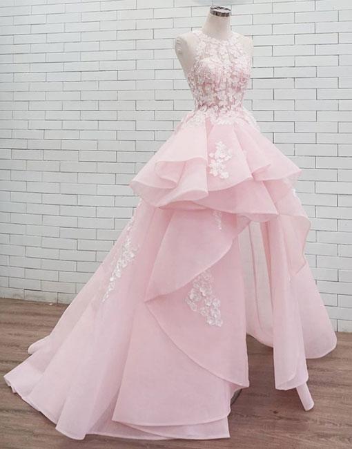 High Low Pink Organza Women Prom Dress Halter Neck Lace Appliques Women Evening Dress