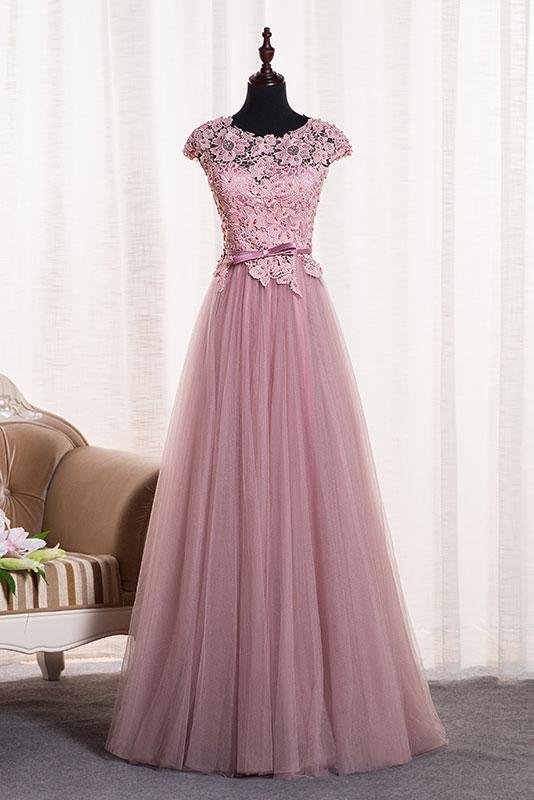 Cap Sleeves A-line Long Tulle Prom Dress Lace Appliques Women Evening Dress 2019