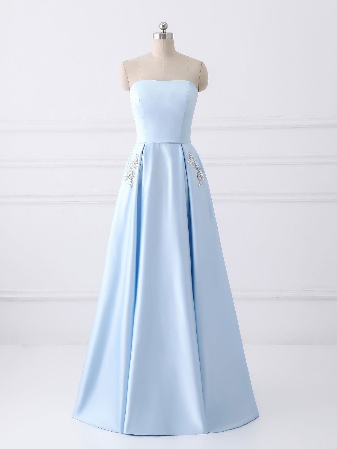 Strapless A-line Blue Satin Prom Dress Floor Length Women Evening Dress 2019