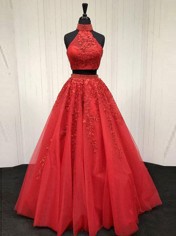 Halter Neck A-line Red Tulle Prom Dress Lace Appliques 2 Pieces Women Evening Dress 2019