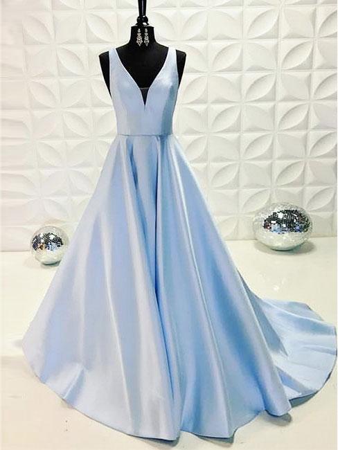 Deep V Neck A-line Long Satin Prom Dress Floor Length Women Evening Dress 2019