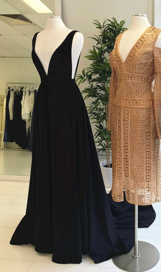 Deep V Neck A-line Long Black Satin Prom Dress Sleeveless Women Evening Dress 2019