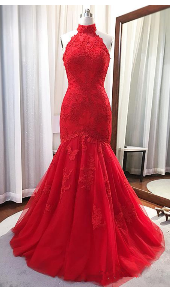Halter Neck Mermaid Red Tulle Prom Dress Lace Appliques Women Evening Dress 2019