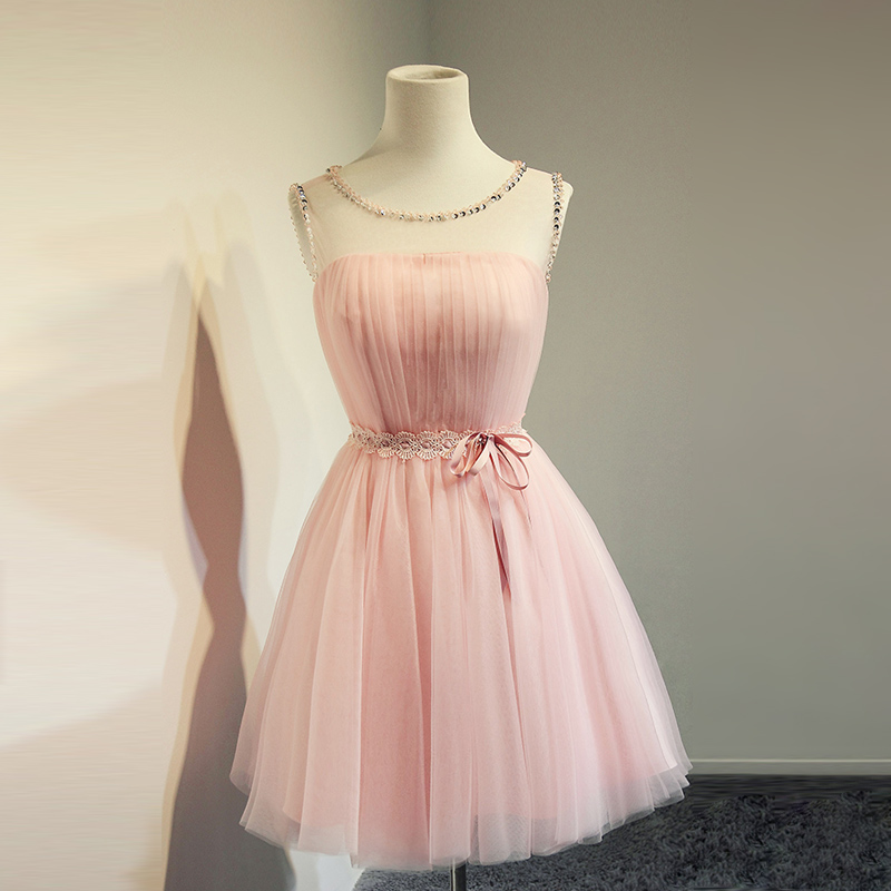 Scoop Neck Above Knee Mini Pink Tulle Homecoming Dress Sleeveleess Women Party Dress