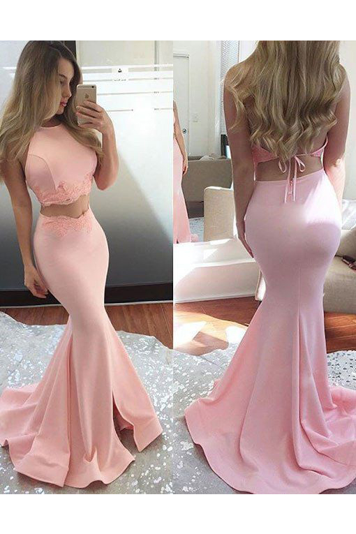 2 Pieces Mermaid Pink Satin Prom Dress Floor Length Women Evening Dress 2019