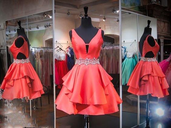 V Neck Prom Dress, Short Prom Dress, Beaded Prom Dress, Satin Prom Dress, Sleeveless Homecoming Dress