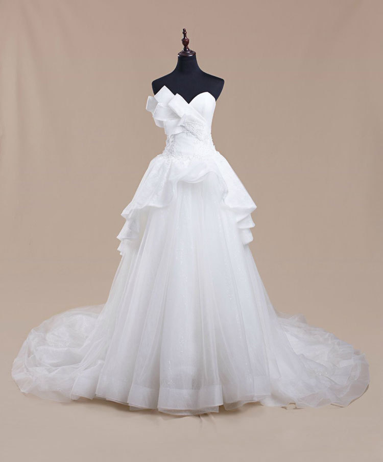 Strapless A-line White Tulle Wedding Dress Ruffle Women Evening Dress 2019
