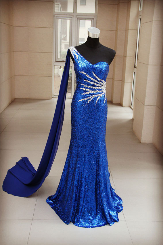 One Shoulder Sheath Sequin Lace Women Evening Dress Crystals Floor Length Prom Dress