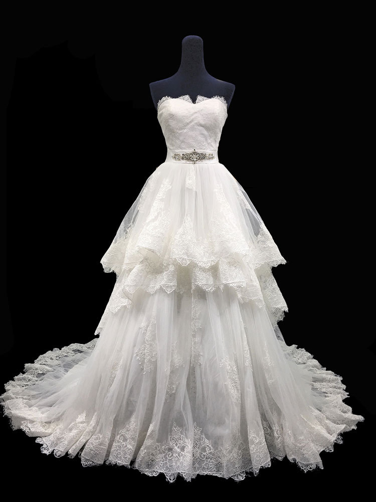 Strapless A-line White Tulle Wedding Dress Lace Appliques Fashion Women Bridal Gowns