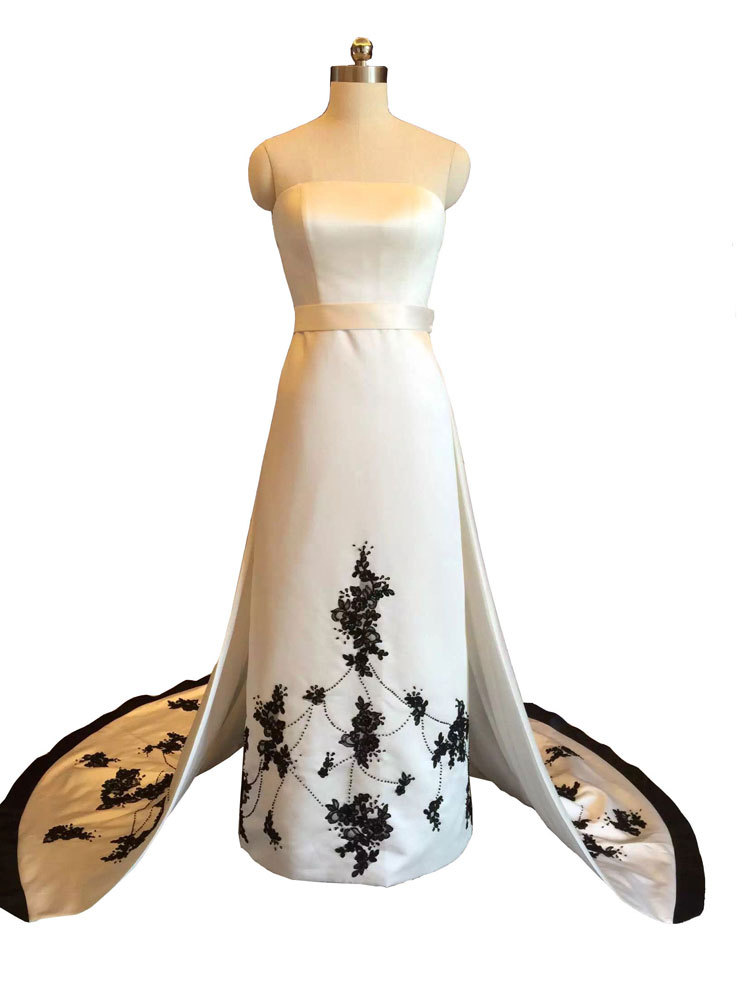 Embrodiery White Satin Wedding Dress Black Embrodiery Lace Women Bridal Gowns