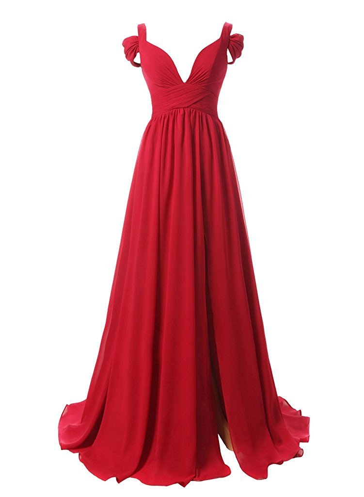 Spaghetti Straps Long Red Chiffon Prom Dress Pleated Women Evening Dress 2019