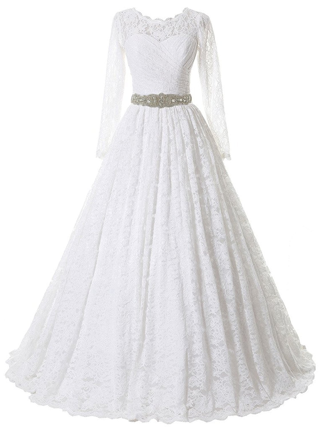Long Sleeves Scoop Neck White Lace Wedding Dress Beaded Floor Length Women Bridal Gowns