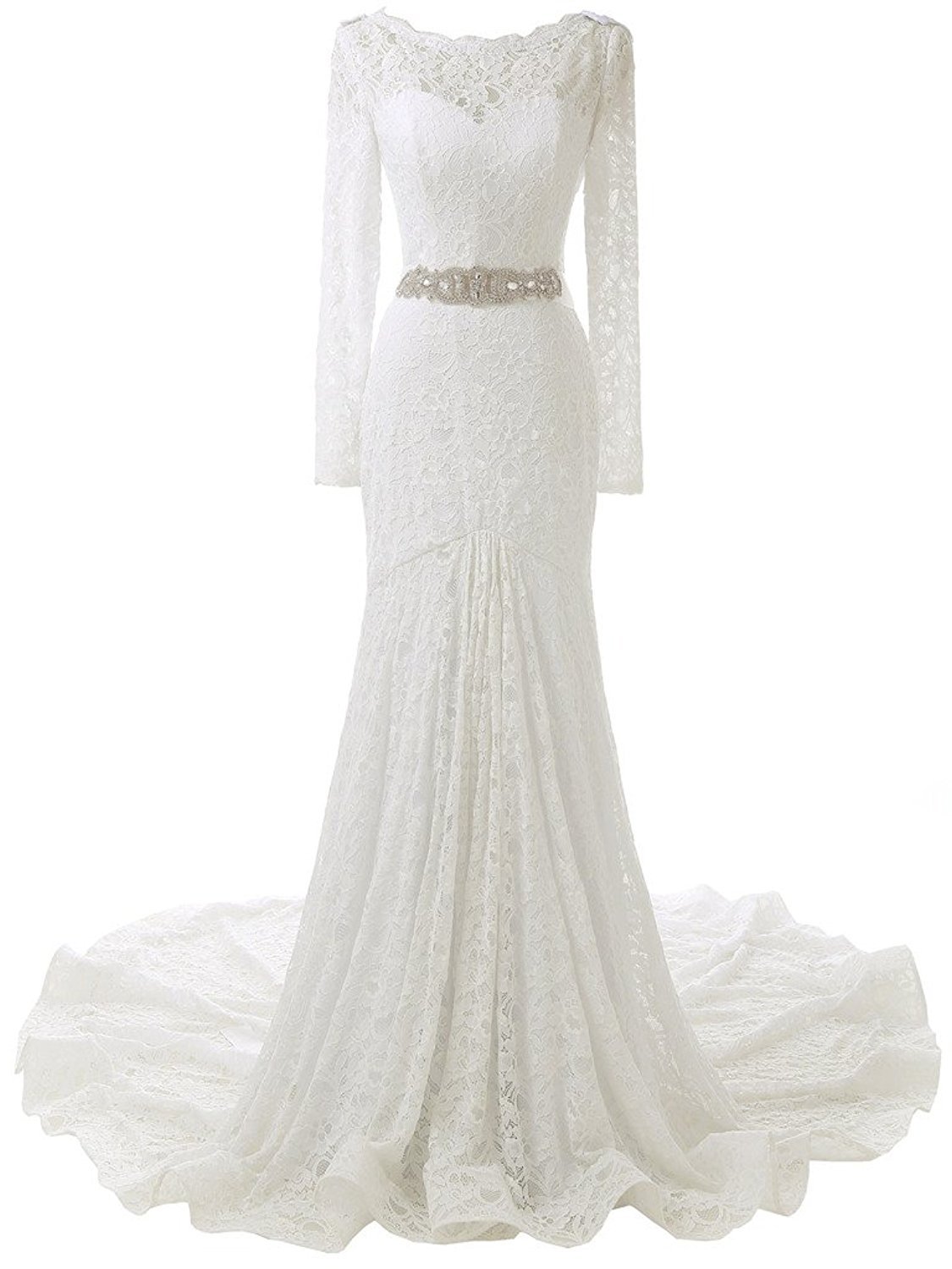 Ivory White Lace Wedding Dress Scoop Neck Women Beaded Floor Length Bridal Gowns