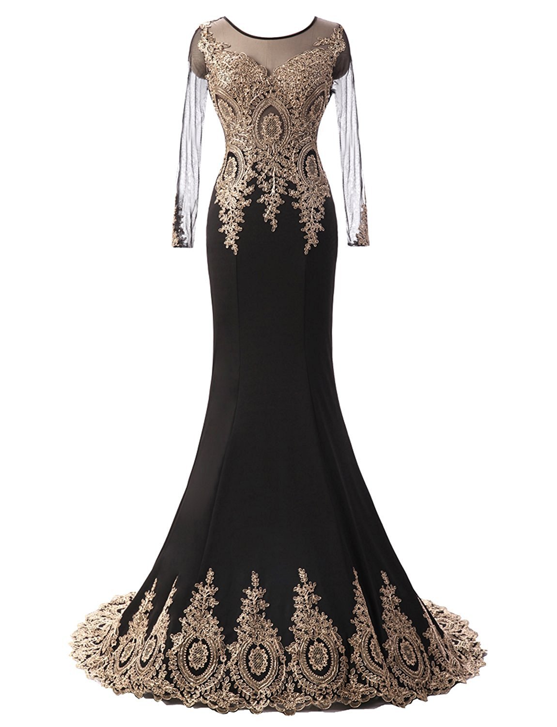 Long Sleeves Mermaid Chiffon Prom Dress Golden Appliques Women Scoop Neck Evening Dress 2019