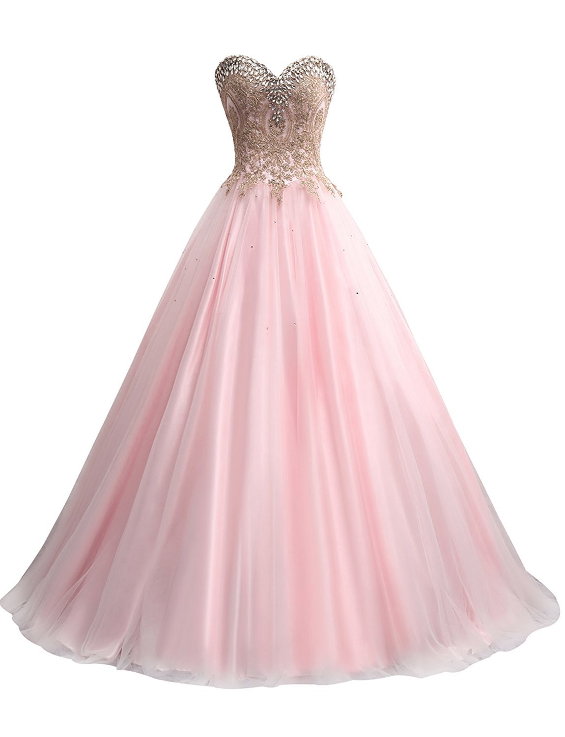 Strapless A-line Long Tulle Pink Prom Dress Golden Appliques Women Evening Dress 2019