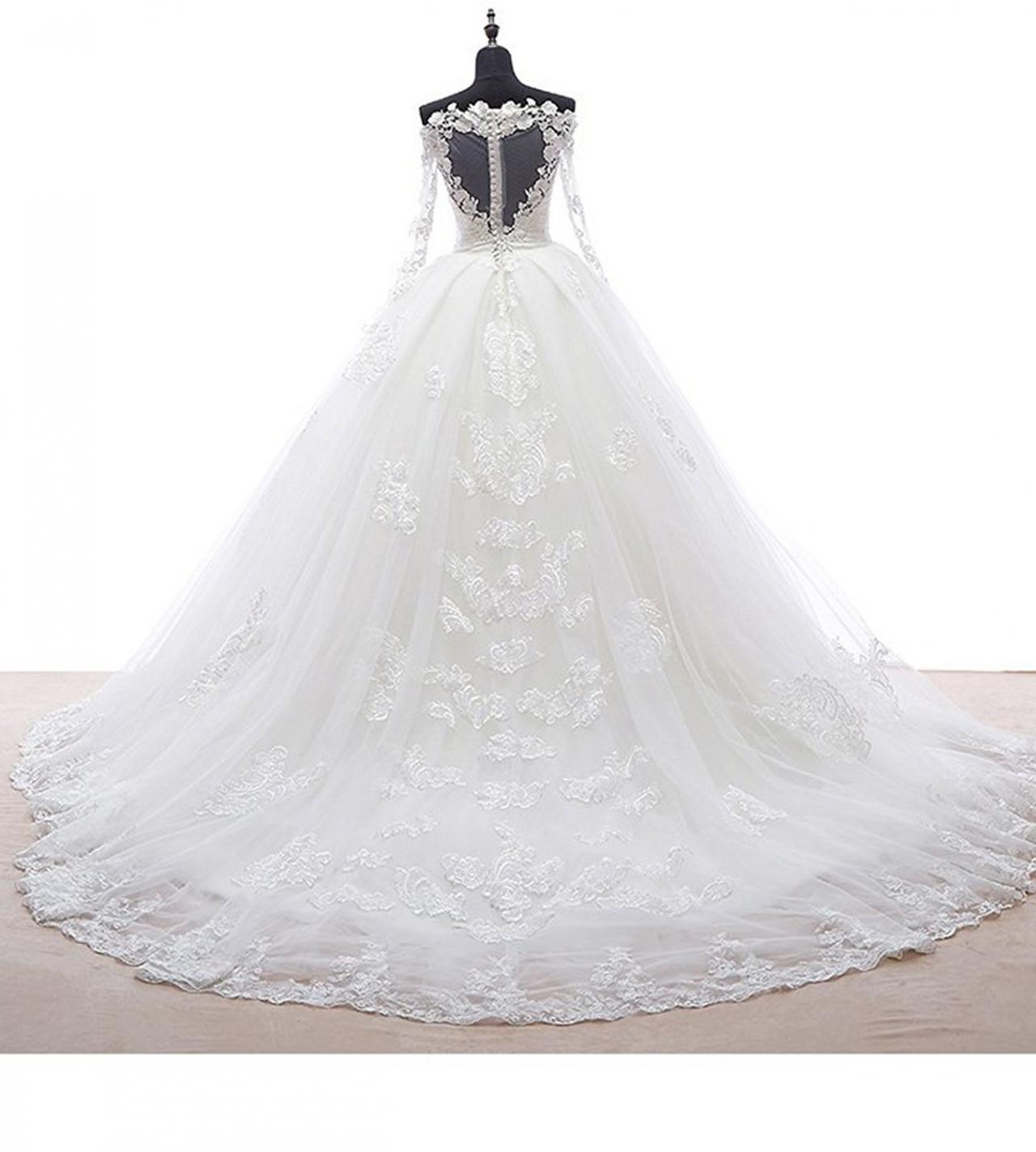 Long Sleeves A line White Tulle Wedding Dress Off The Shoulder Women 