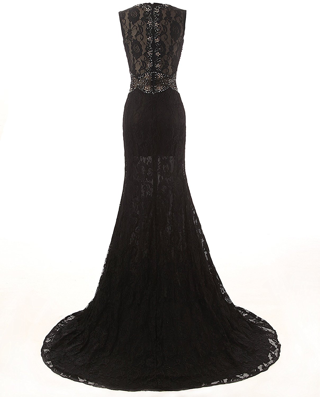 Straps Sheath Long Black Lace Prom Dress Beaded Floor Length Women ...