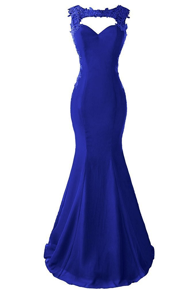 Royal Blue Mermaid Satin Prom Dress Scoop Neck Lace Appliques Women Evening Dress 2019