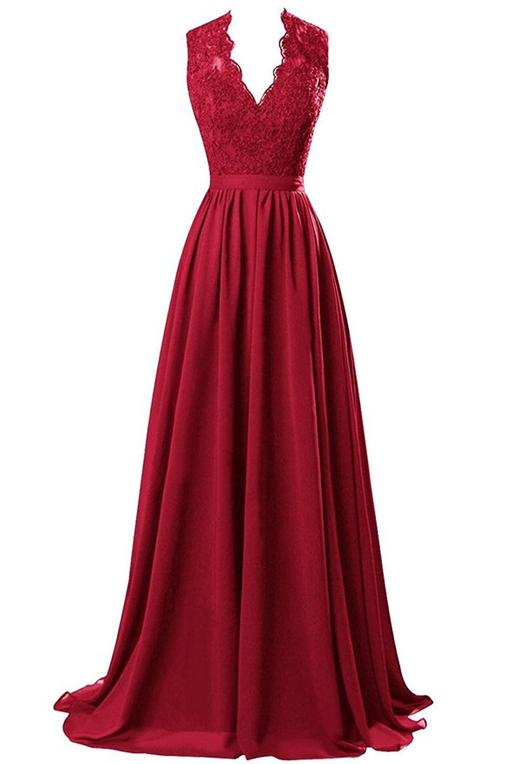 V Neck A-line Long Chiffon Red Women Prom Dress, Lace Appliques Women Evening Dress 2019
